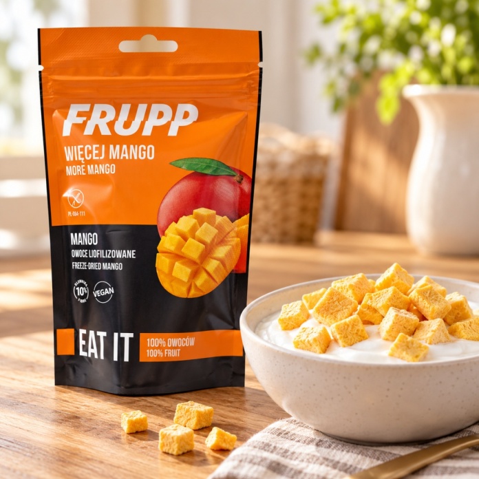 Mango liofilizowane w kostce FRUPP podane z jogurtem